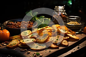 Superior view of crispy chips and non cooked potatoes on the wooden boa photo