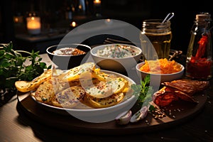 Superior view of crispy chips and non cooked potatoes on the wooden boa photo