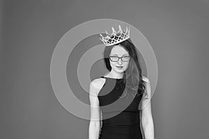 Superiority and excellence. Woman queen red background. Sexy girl wear crown. Big boss concept. Ambitious and successful