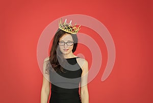 Superiority and excellence. Woman queen red background. Sexy girl wear crown. Big boss concept. Ambitious and successful