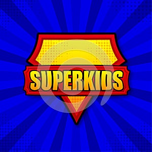 Superkids logo template. Frame with divergent rays. Super kids shield. photo