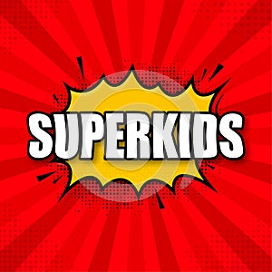 Superkids logo template. Frame with divergent rays. Super kids shield. photo
