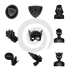 Superman, explosion, fire, and other web icon in black style.Pistol, weapons, innovations, icons in set collection.