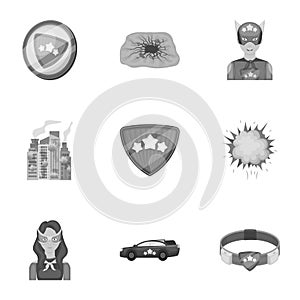 Superman, explosion, fire, and other web icon in monochrome style.Pistol, weapons, innovations, icons in set collection.