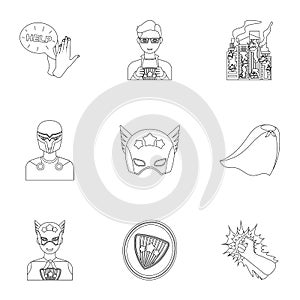 Superman, explosion, fire, and other web icon in outline style.Pistol, weapons, innovations, icons in set collection.