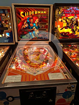 Superman pinball machine between Stern Pinball and Williams` Black Knight.