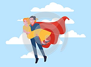 Superman saves woman. Powerful man carries female in arms. Brave hero flying with lady. Protection and rescue girl