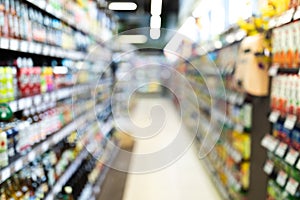 Supermarket Aisle Background, Grocery Store Defocused Shot With Colorful Shelves