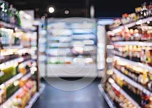 Supermarket aisle Product shelf Retail business Blur background photo