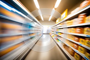 Supermarket aisle in motion blur. Shallow depth of field.