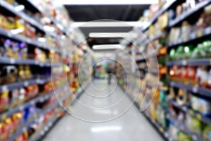 Supermarket aisle and shelves blurred abstract background