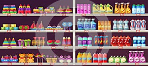 Supermarket aisle shelves with toys and chemicals