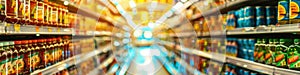 Supermarket Aisles with Colorful Products in Soft Focus Background photo