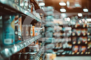 Supermarket Aisles with Colorful Products in Soft Focus Background photo