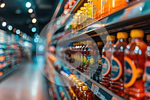 Supermarket Aisles with Colorful Products in Soft Focus Background