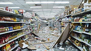 Supermarket aisles in disarray after an earthquake