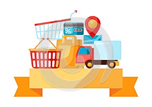 Supermarket background with selfservice and delivery icons. photo