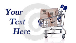 Supermarket basket with boxes isolated on a white background. Concept of e-commerce delivery, online shopping