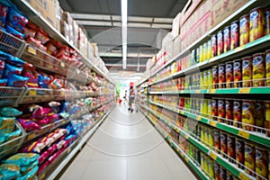 Supermarket blurred background with colorful shelves and unrecognizable customers