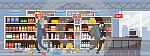 Supermarket broken. Robbery concept. Crime scene vandalism, looting, looters with crowbar and bag, criminal characters