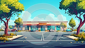 Supermarket building with parking cartoon modern illustration. Retail store parking. Commercial storefront with street