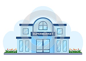 Supermarket Building with Shelves, Grocery Items and Full Shopping Cart, Retail, Products and Consumers in Flat Illustration