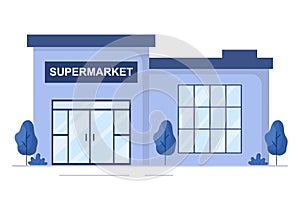Supermarket Building with Shelves, Grocery Items and Full Shopping Cart, Retail, Products and Consumers in Flat Illustration