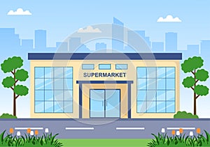 Supermarket Building with Shelves, Grocery Items and Full Shopping Cart, Retail, Products and Consumers in Flat Illustration