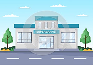 Supermarket Building with Shelves, Grocery Items and Full Shopping Cart, Retail, Products and Consumers in Flat Illustration