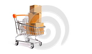 Supermarket cart with boxes, merchandise: the concept of buying and selling goods and services, internet commerce