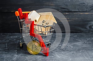 A supermarket cart with houses and bitcoin and a red down arrow. falling value Bitcoin and the unreliability of long-term investme photo