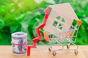 A supermarket cart with a small house and a wooden arrow up on a green background. The rise of prices for property . Increase in d