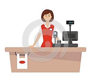 Supermarket cash desk and woman cashier