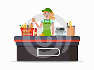 Supermarket cashier vector flat illustration isolated on white background. Woman - cashier smiling at the cashbox with