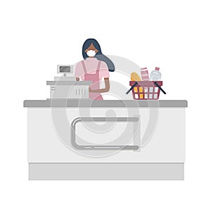 Supermarket cashier web banner during coronovirus epidemic. Young woman in a medical mask stands behind a cash register