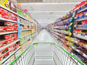 Supermarket concept Shopping cart blurry picture