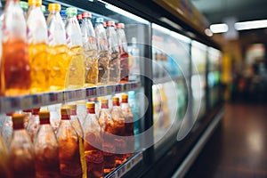 Supermarket coolers displaying soft drink bottles, forming a blurred abstract background