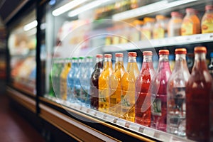 Supermarket coolers displaying soft drink bottles, forming a blurred abstract background