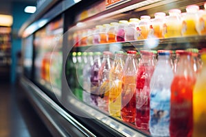 Supermarket coolers displaying soft drink bottles, forming a blurred abstract background