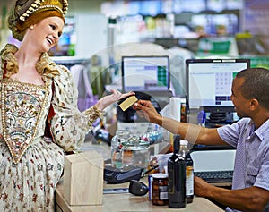 Supermarket, credit card and royal woman with costume for grocery shopping, buying or product. Convenience store