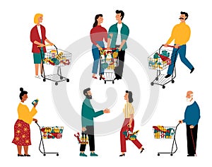 Supermarket customers, cartoon characters. Men and women with shopping carts at grocery store. Vector flat illustration