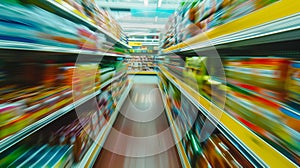 Supermarket drive-off caught on camera. Vibrant colors stand out. Surroundings appear in motion blur.