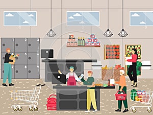 Supermarket entrance with cashier desk. People buying groceries, paying for purchases, vector illustration. Food shop.