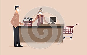 Supermarket during epidemic of virus.Cashier in protective medical mask is behind cash register serve guy with basket with