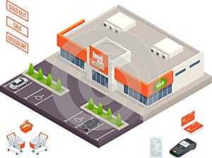 Supermarket exterior, credit cart, pos terminal, box, minimarket, banktomat, woman holding shopping cart. Vector