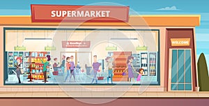 Supermarket facade. People shopping in product hypermarket grocery food store with male and female buyers vector