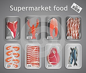 Supermarket fish and meat set