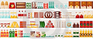 Supermarket food. Grocery shelves with cereal bread and milk, eggs or pasta. Market showcase template. Everyday products photo