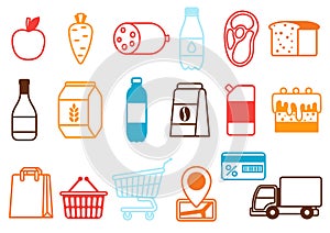 Supermarket food, selfservice and delivery icons.