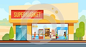 Supermarket in front view with shopping people in checkout line. Seller assistants. Vector illustration in flat style